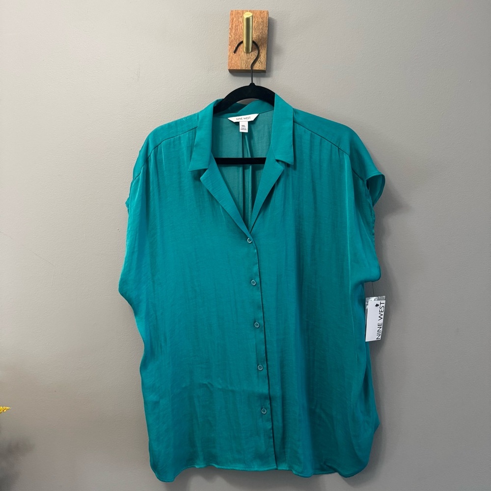 Nine West Teal Silky Button-Down Shirt